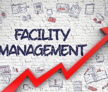 Facility Management - Modern Style Illustration with Doodle Design Elements. White Brick Wall with Facility Management Inscription and Red Arrow. Success Concept.